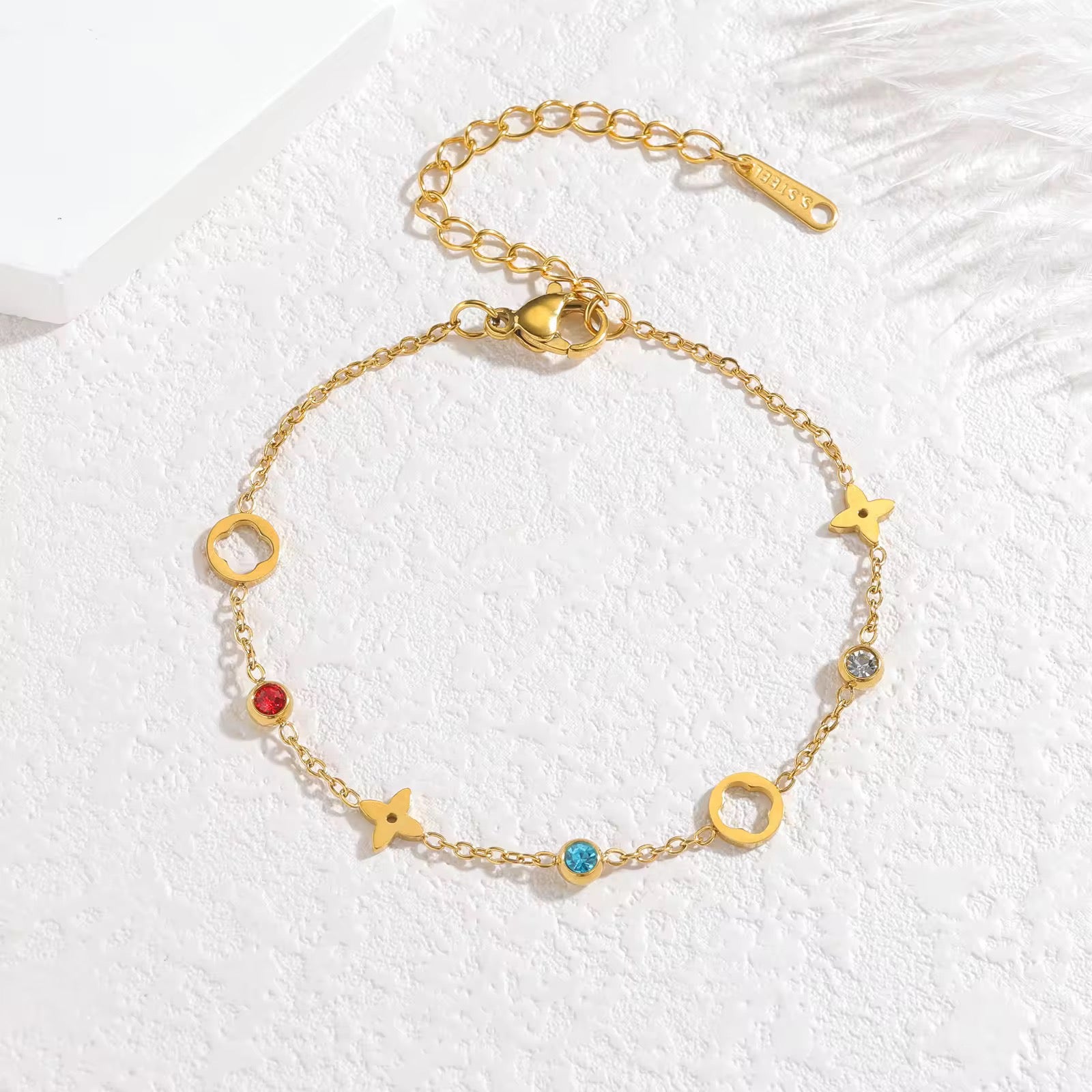 Gold Plated Colorful Crystal & Clover Charm Anklet