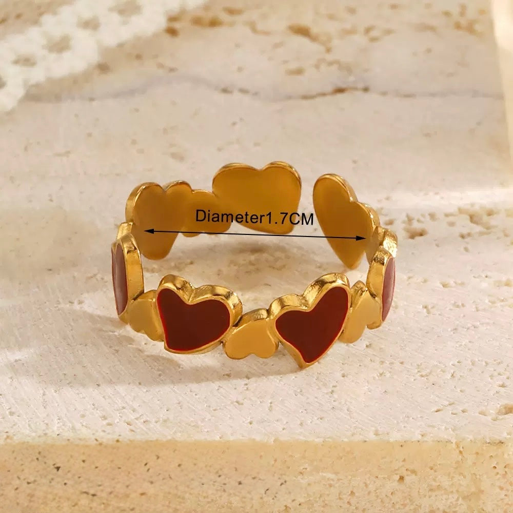18K Gold Plated Maroon Enamel Heart Adjustable Ring