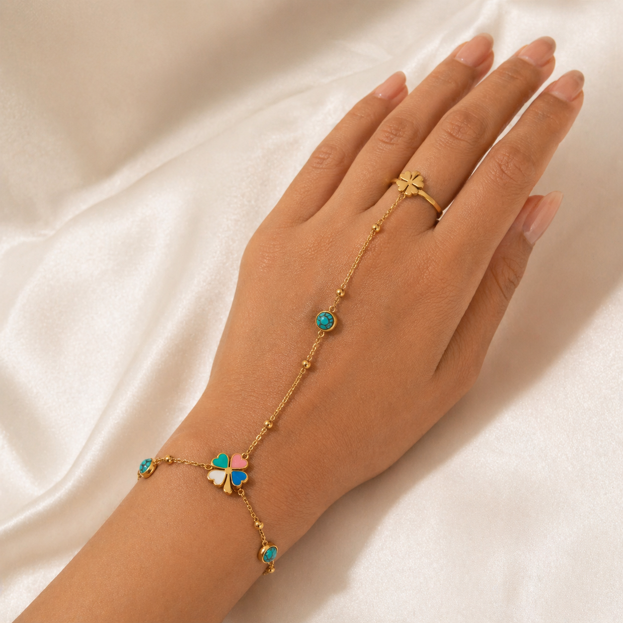 Lucky Clover Turquoise Hand Chain Ring Bracelet