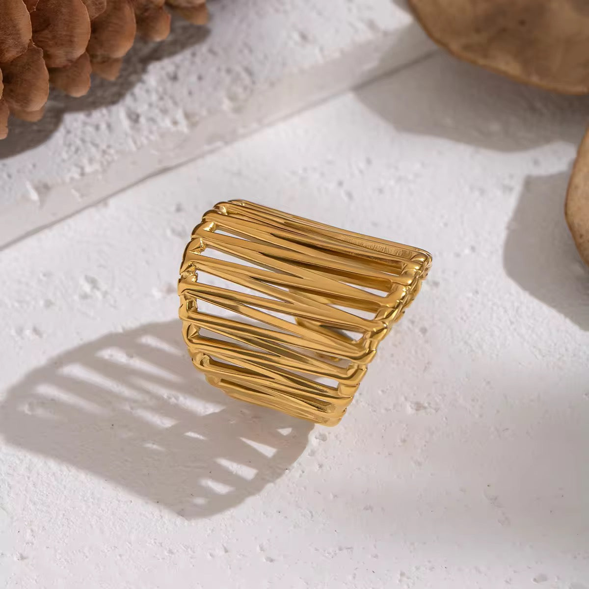 Gold Plated Wide Geometric Linear Wire Adjustable Ring