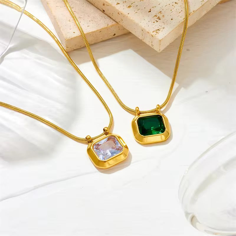 Gold Plated Emerald Green Square Pendant Necklace