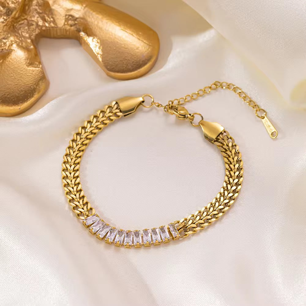Crystal-Studded Heavy Chained Gold Plated Bracelet