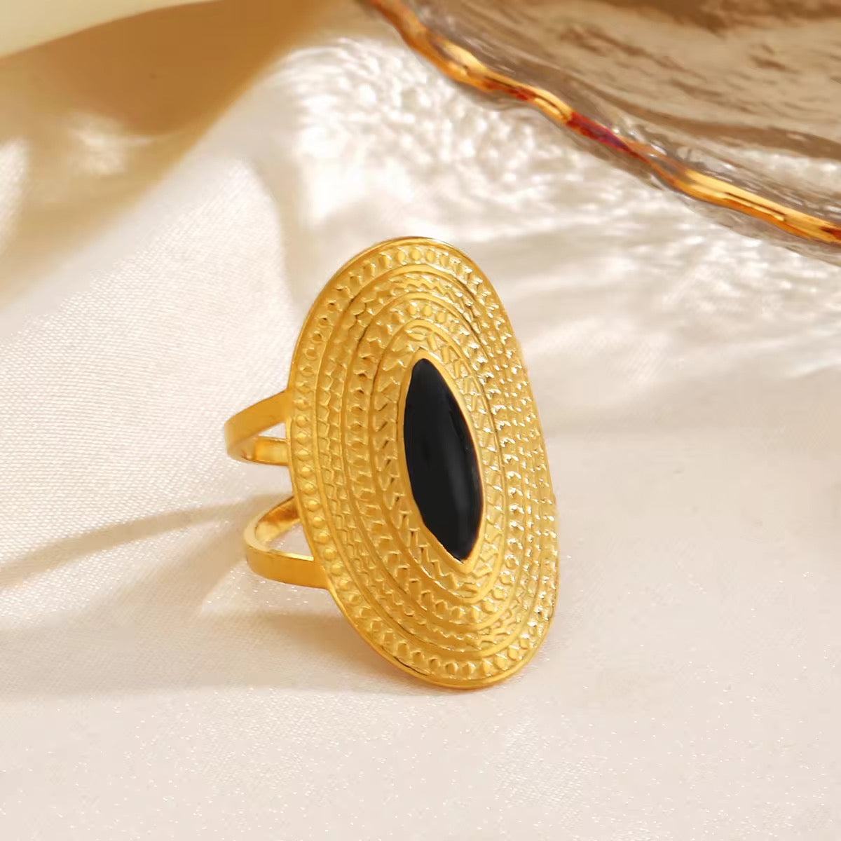 Gold Plated Oval Black Gemstone Adjustable Ring