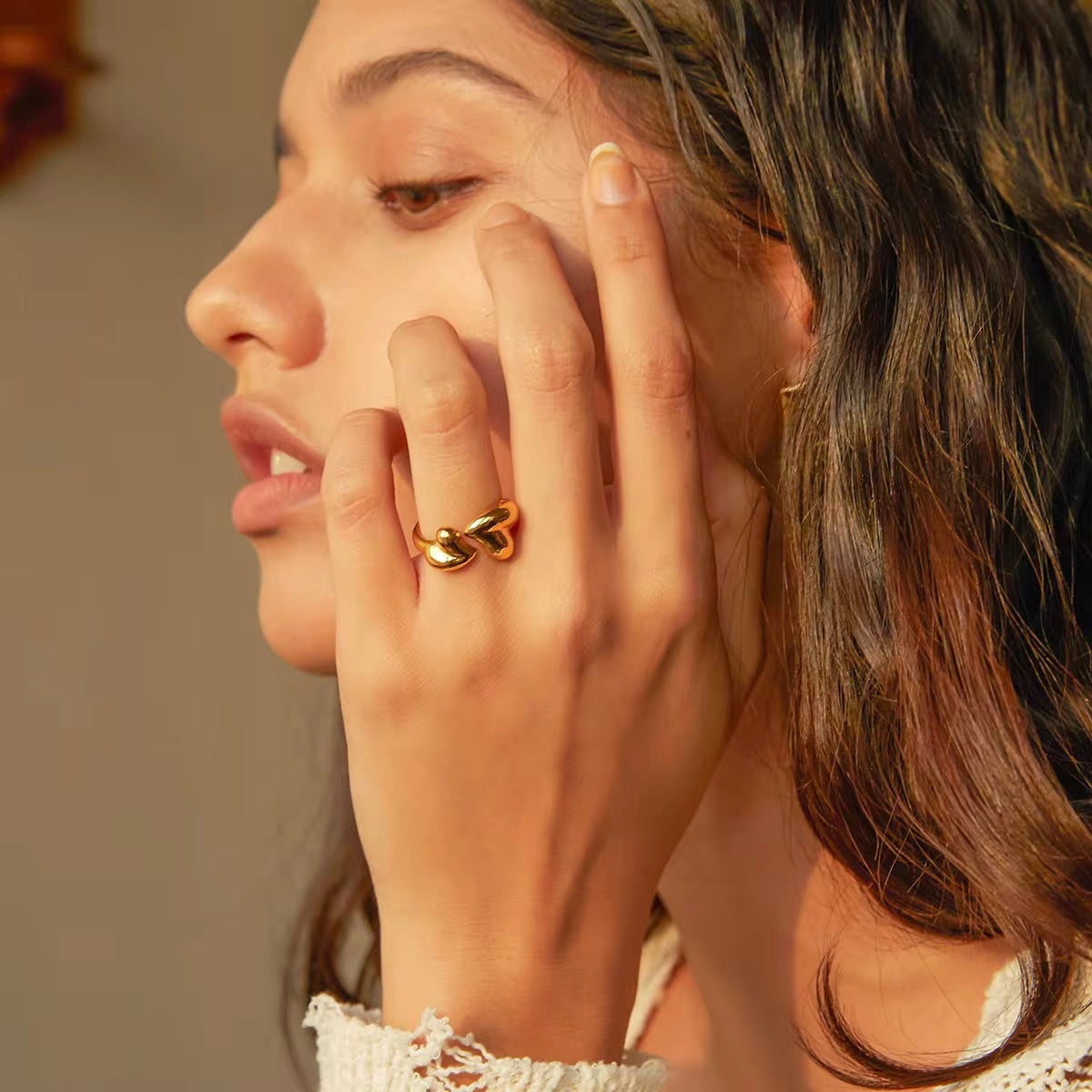 Double Heart Adjustable Stainless Steel Ring – Gold Finish