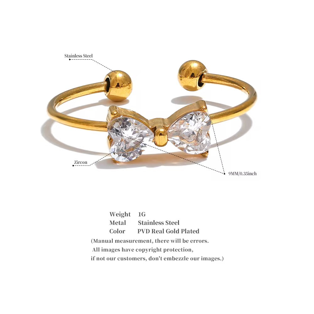Gold Plated Crystal Bow Adjustable Ring
