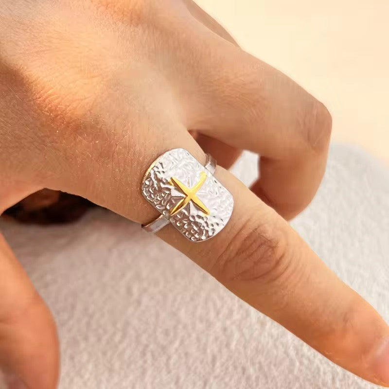 Silver & Gold Cross Adjustable Stainless Steel Ring