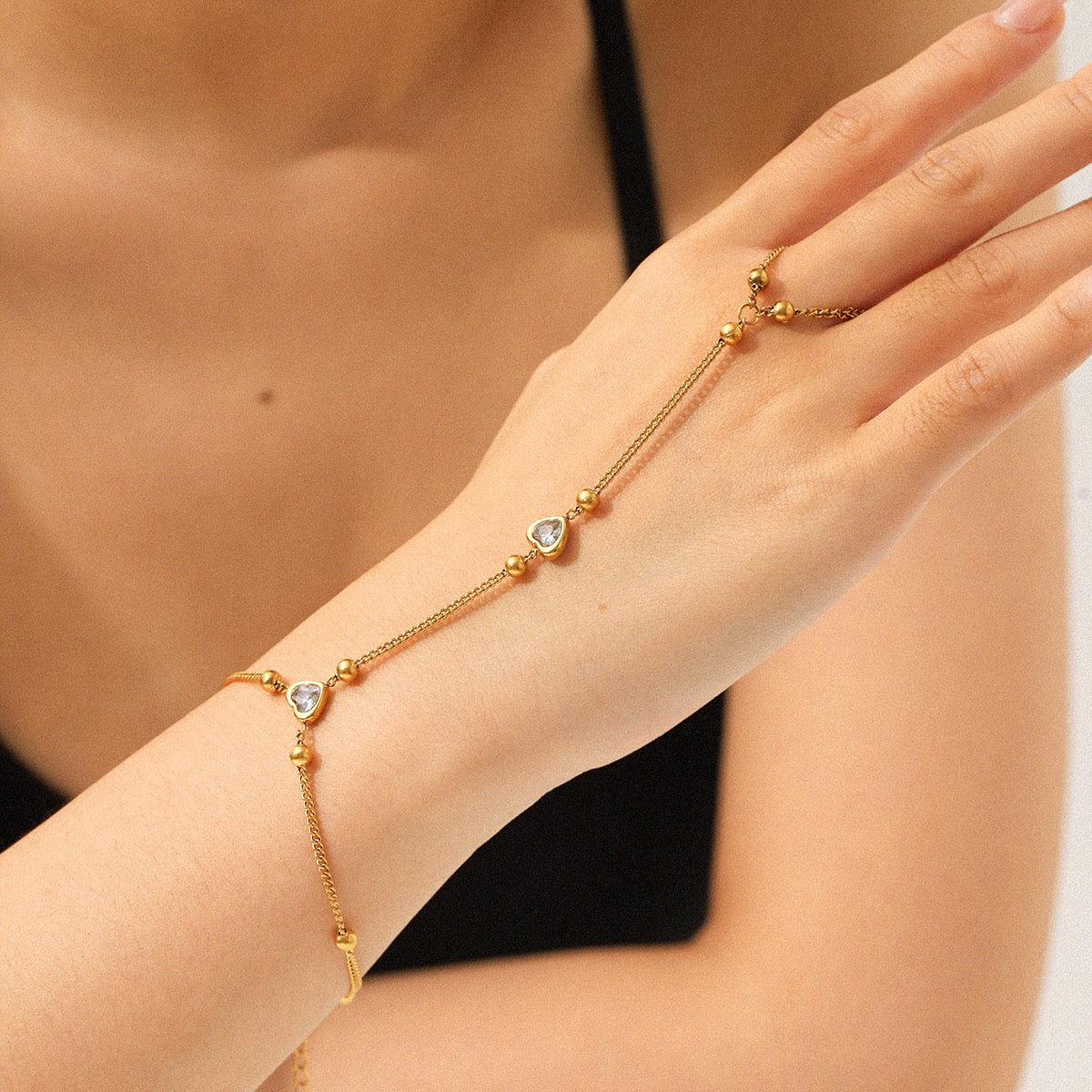 Gold Plated Beaded Heart Hand Chain Bracelet