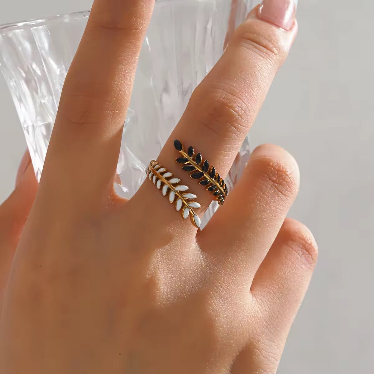 Gold Plated Black and White Enamel Leaf Wrap Ring