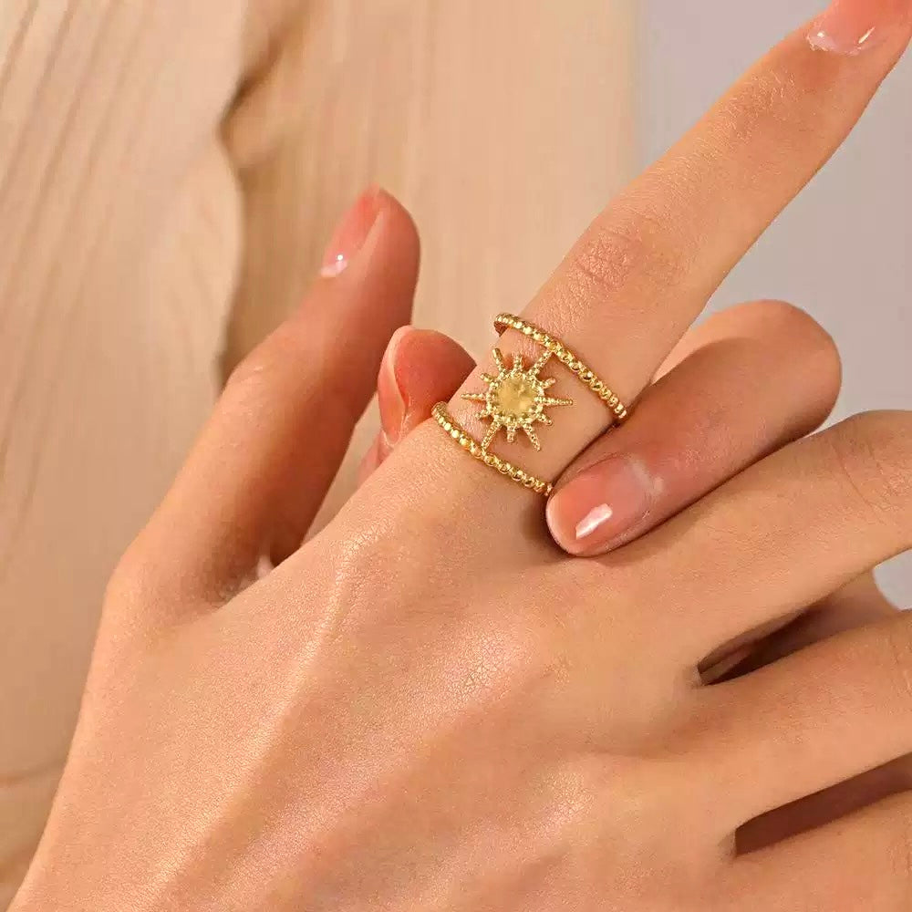 18K Gold Plated Sunburst Beaded Adjustable Ring