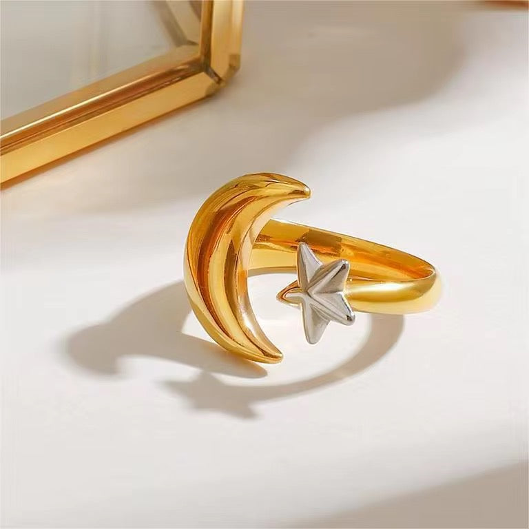 Moon & Star Open Ring – Two-Tone Adjustable