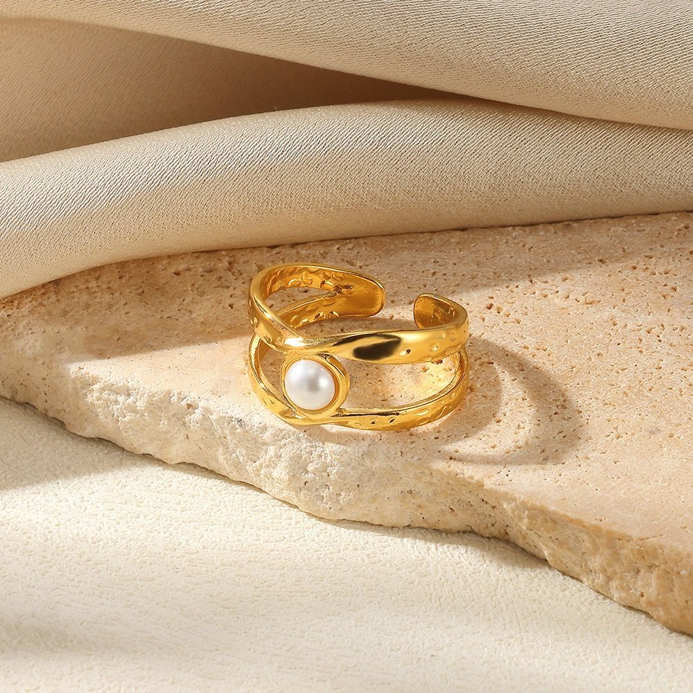 18k Gold Plated Criss-Cross Design Pearl Ring