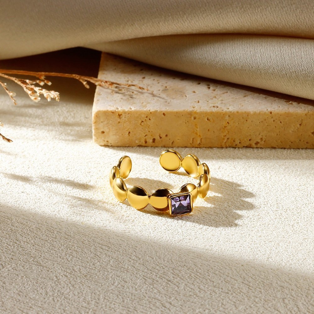 Stainless Steel Gold Plated Ring with Purple Cubic Zirconia