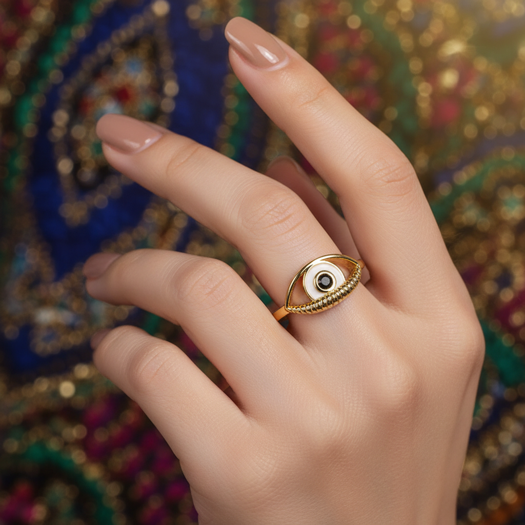 Gold Plated Evil Eye Ring with Black Center Stone