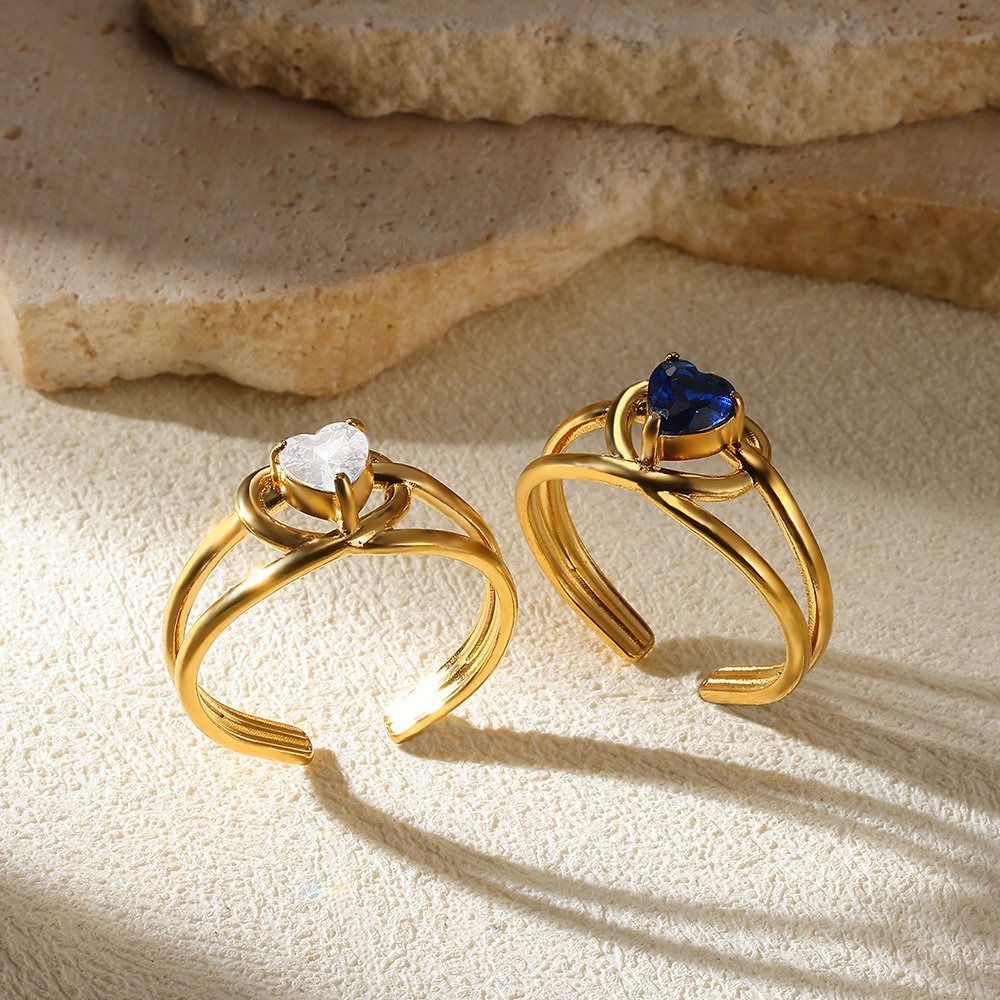 Adjustable Gold-Plated Heart Ring with Blue Crystal Accent