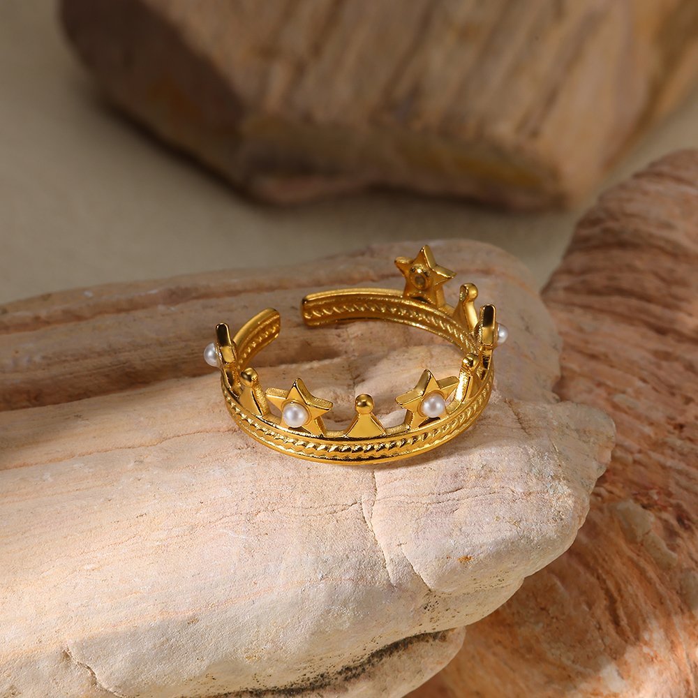 18k Gold Plated Crown Ring with Pearls