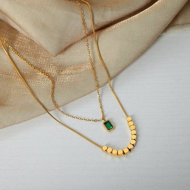 Emerald Studded Multilayered Gold Plated Necklace