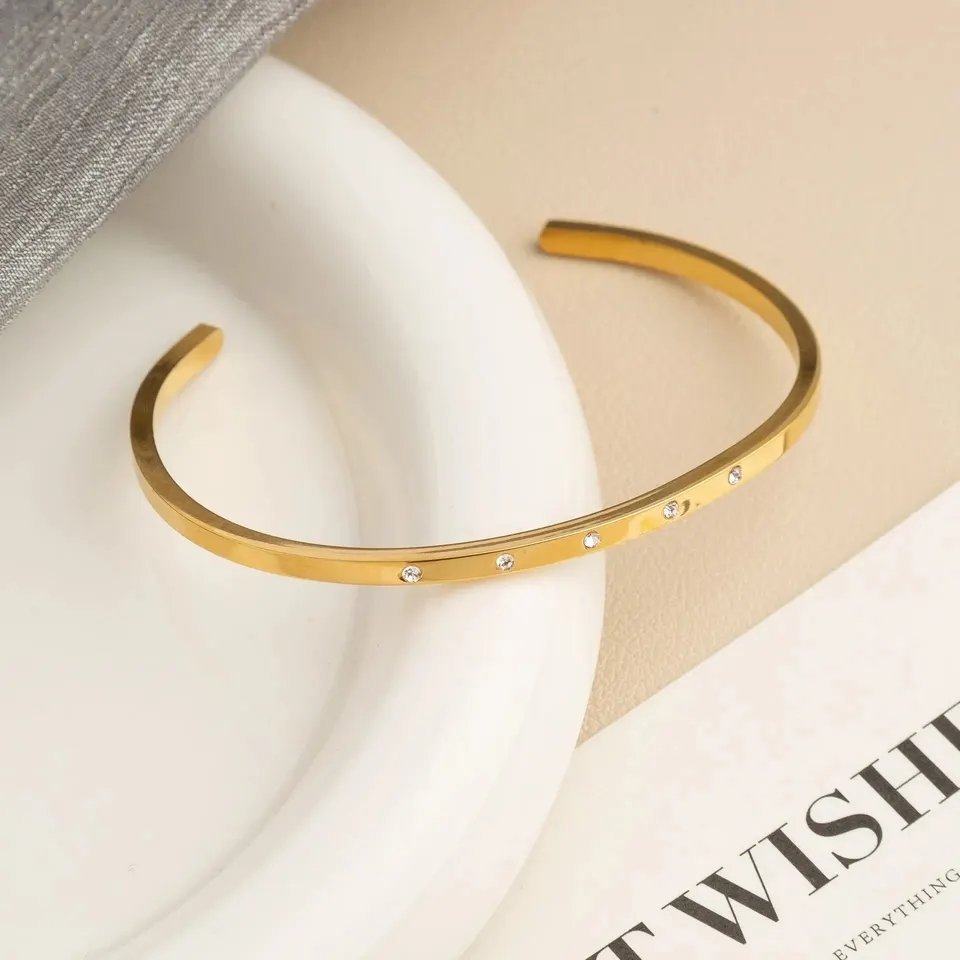 Minimal Crystal Studded Gold Plated Bangle