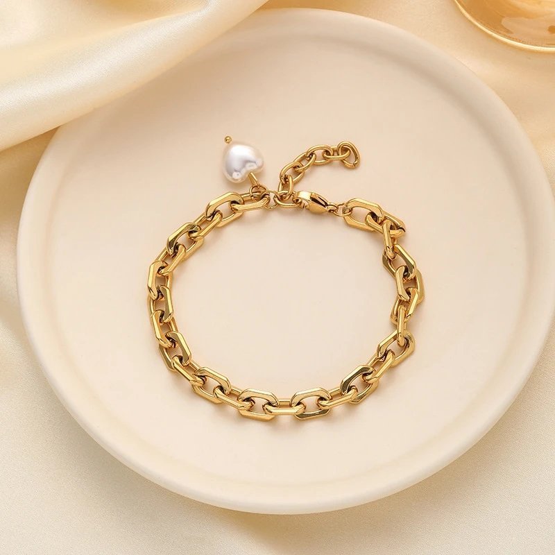 Thick Chained Pearl Charm Gold Plated Bracelet