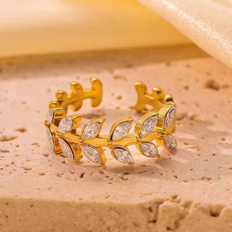 Crystal-Studded Gold Plated Leaf Ring