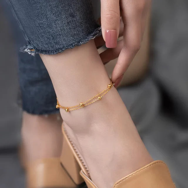 Double Layered Golden Balls Studded Anklets