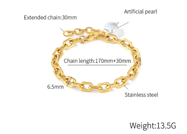 Thick Chained Pearl Charm Gold Plated Bracelet