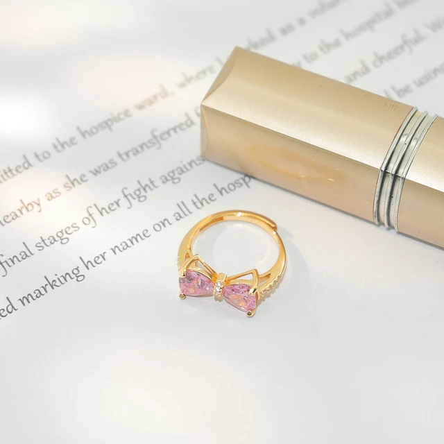 Pink Crystal Bow Tie Ring Gold Plated Adjustable Ring