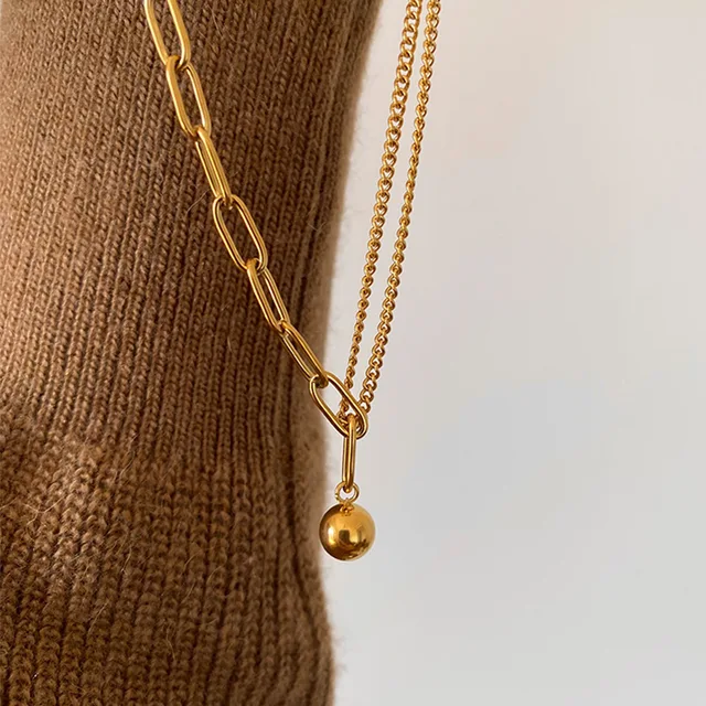 Multi Layered Chain Hanging Ball Gold Plated Necklace