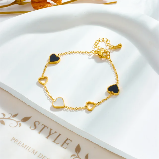 Black and White Heart Gold plated minimal Bracelet