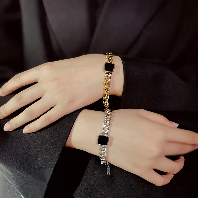 Black Stone Studded Heavy Cuben Gold Plated Chained Bracelet