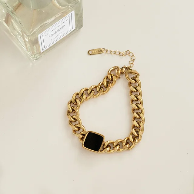 Black Stone Studded Heavy Cuben Gold Plated Chained Bracelet