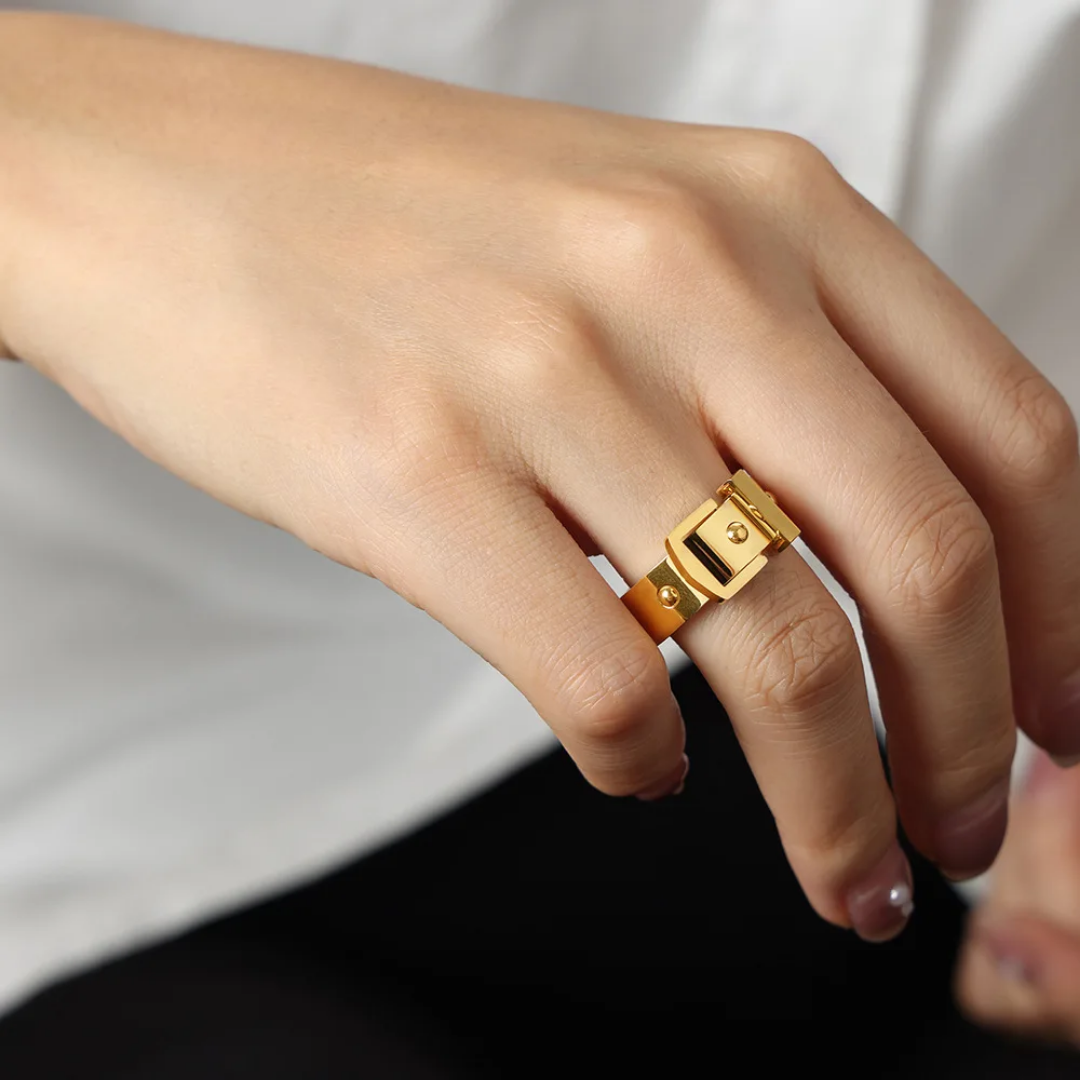 Gold Plated Statement Buckle Ring - Size 7