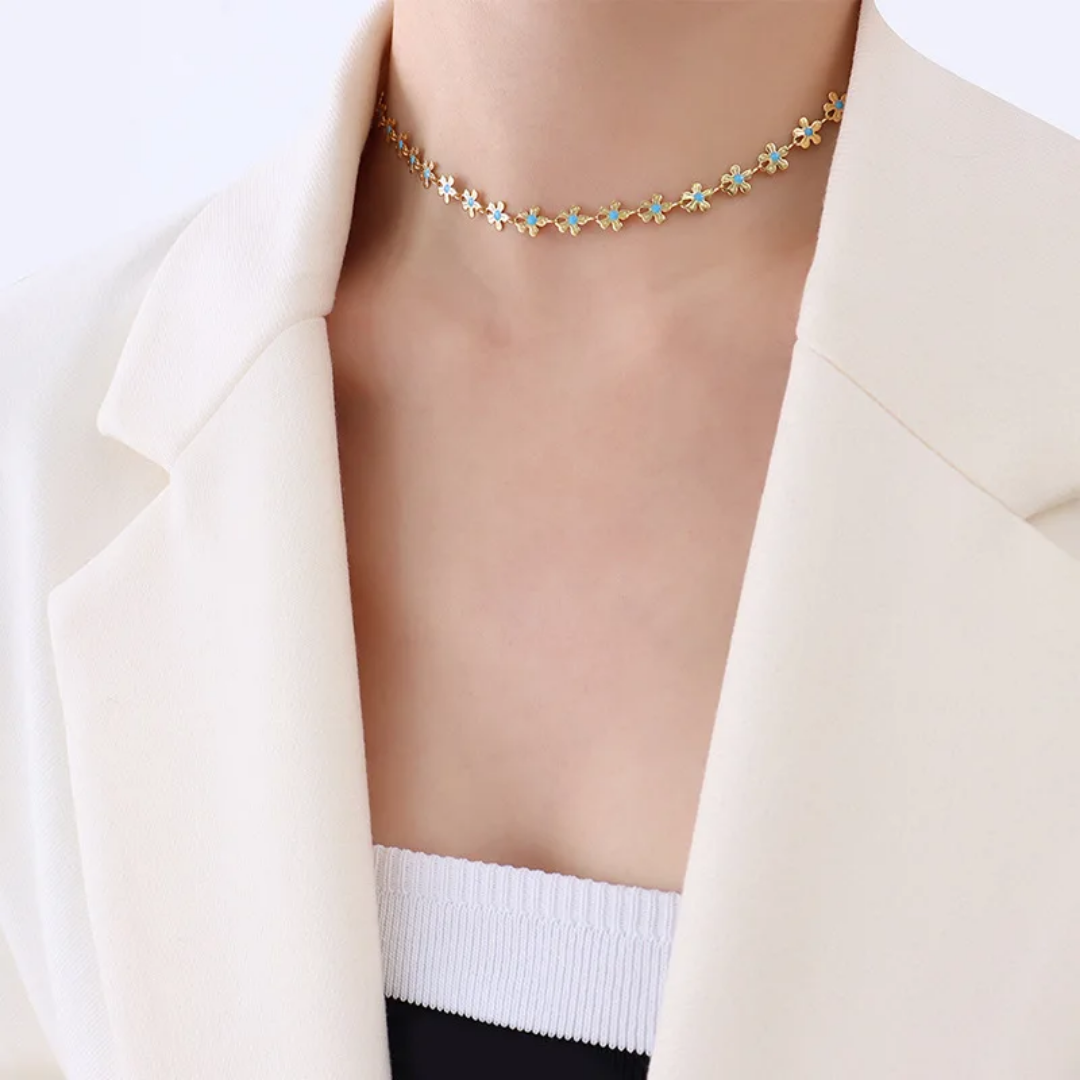 Stainless Steel Gold Flower Necklace with Light Blue Enamel