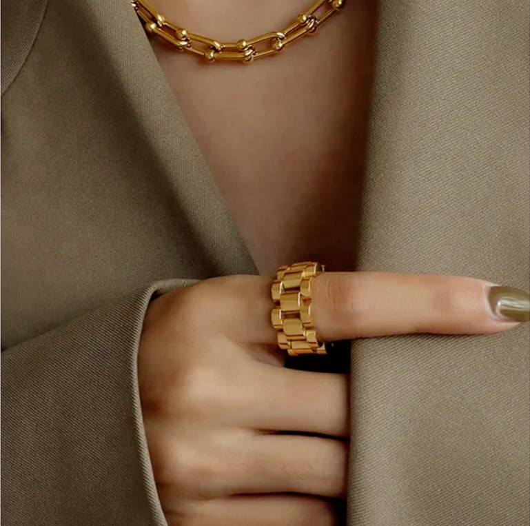 Chunky Gold Plated Watchband Statement Ring