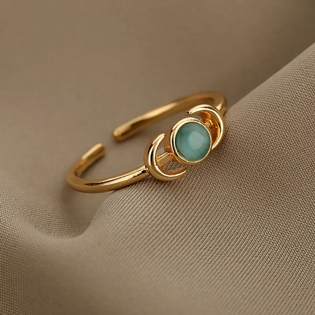 Dainty Gold Crescent Moon Ring with Turquoise Stone