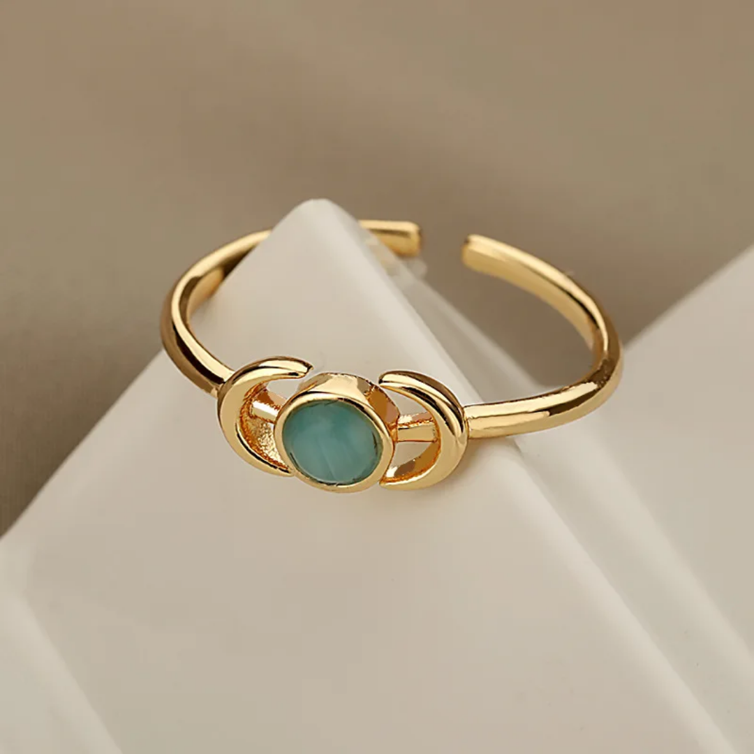 Dainty Gold Crescent Moon Ring with Turquoise Stone