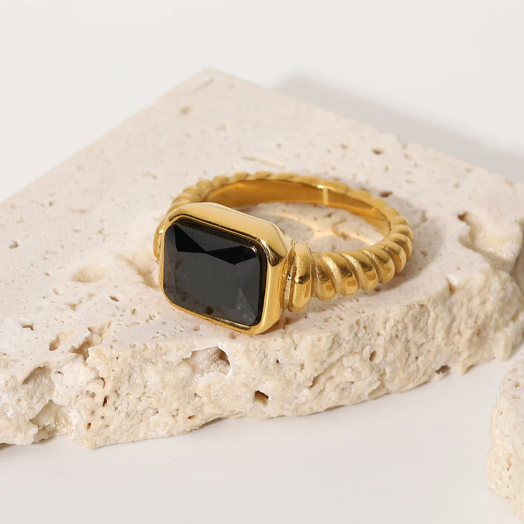 Statement Gold Plated Twisted Band Ring with Black Gemstone - size 7