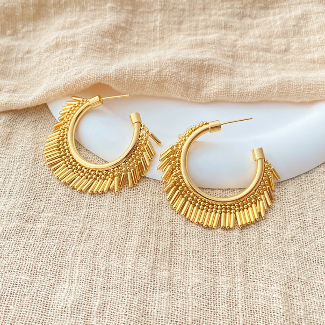 18k Gold Plated Stainless Steel Hoop Earrings with Beaded Fringe