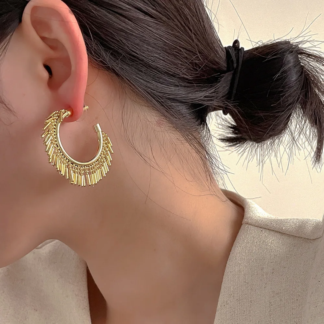 18k Gold Plated Stainless Steel Hoop Earrings with Beaded Fringe