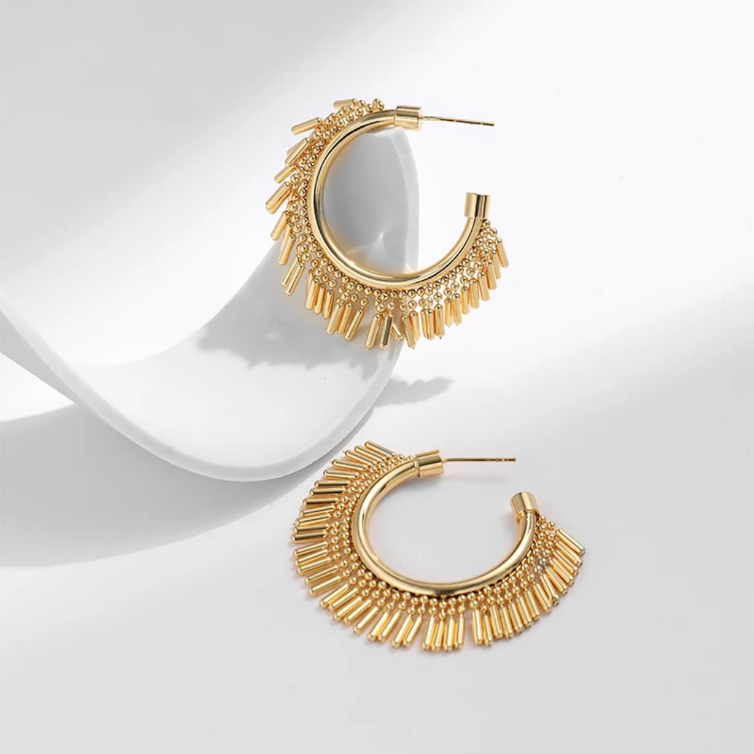 18k Gold Plated Stainless Steel Hoop Earrings with Beaded Fringe