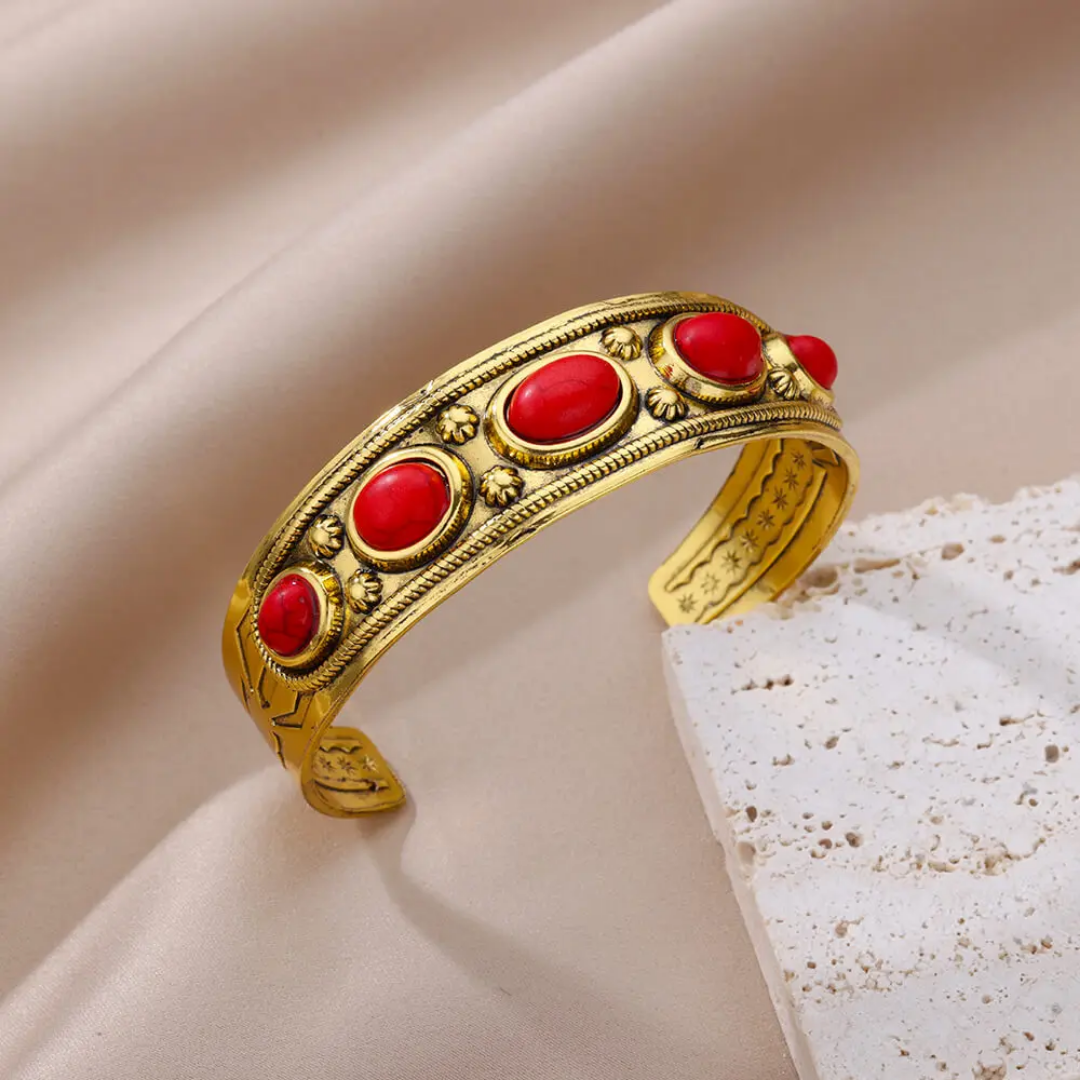 Antique-Style Gold Cuff Bracelet with Red Accents