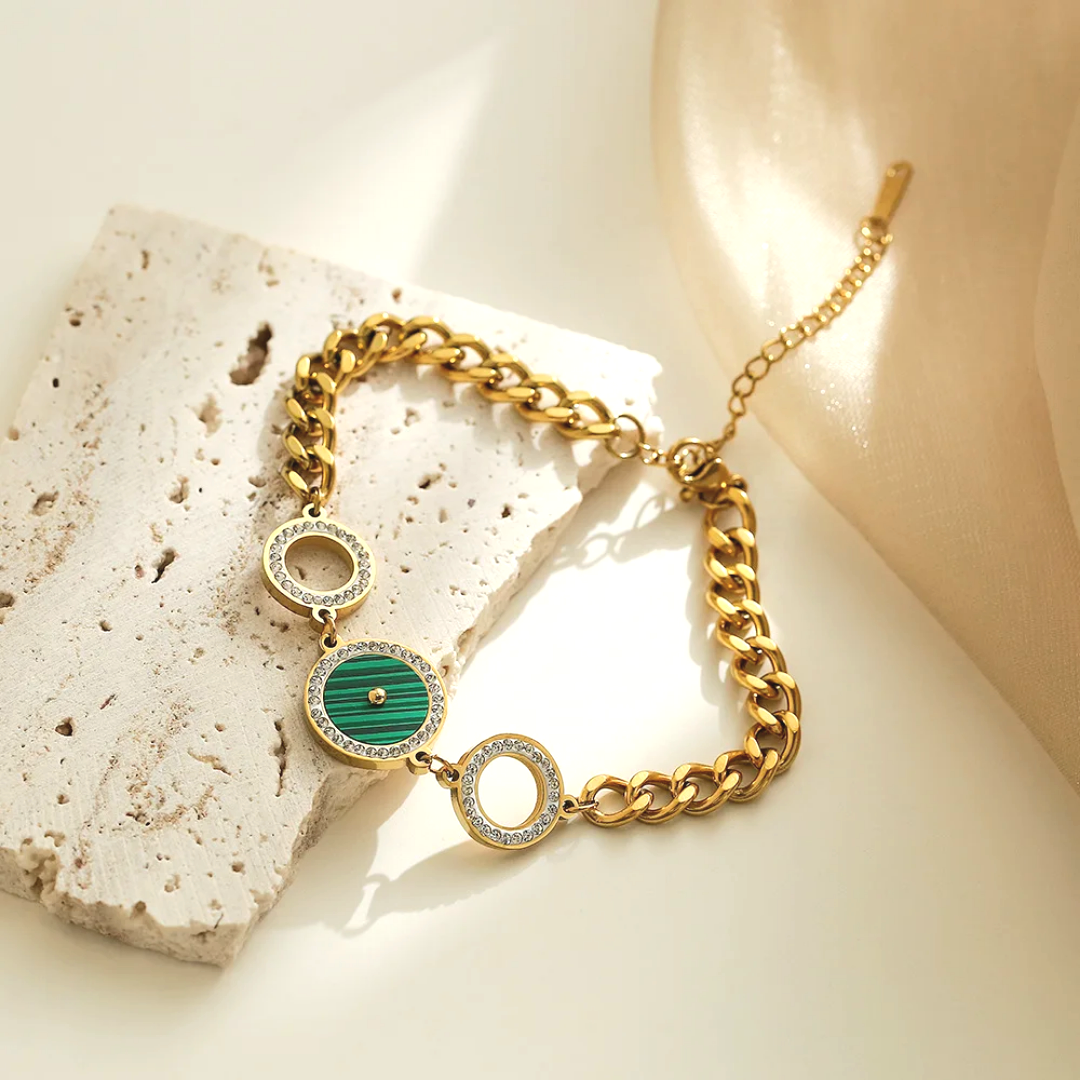 Statement Chain Bracelet with Green Malachite-Style Stone