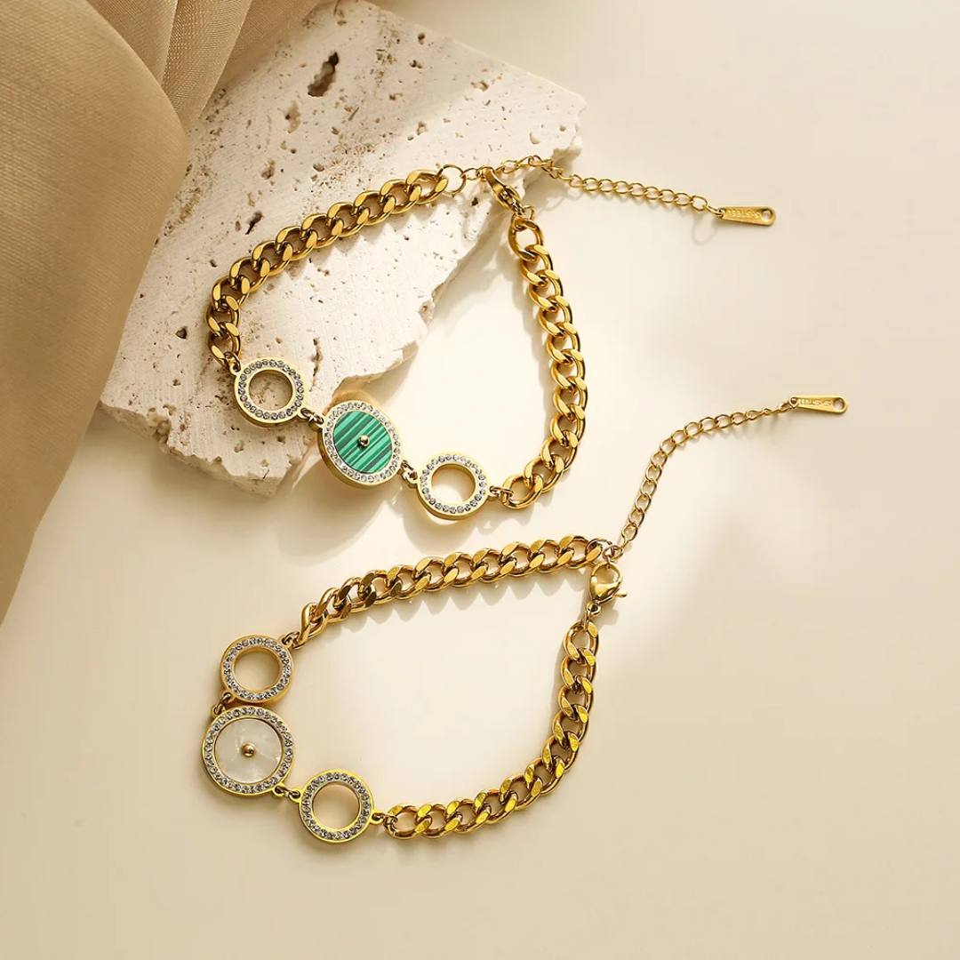 Statement Chain Bracelet with Green Malachite-Style Stone