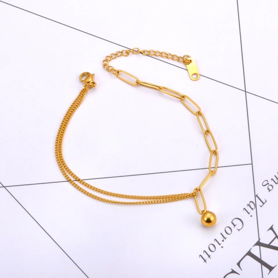 Minimal Multichained Gold Plated Bead Charm Bracelet / Anklet
