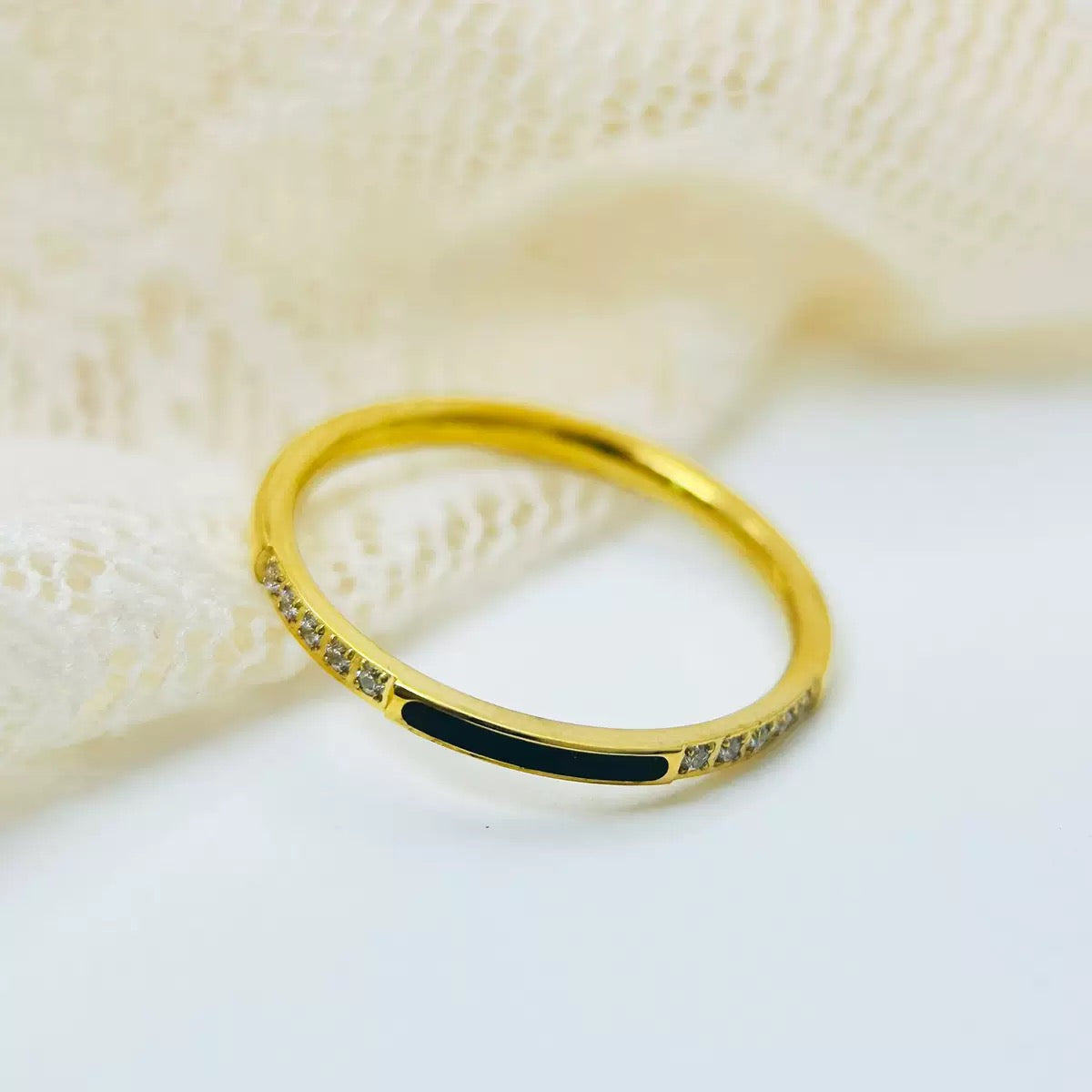 Black Enamel Crystal Slim Band Ring