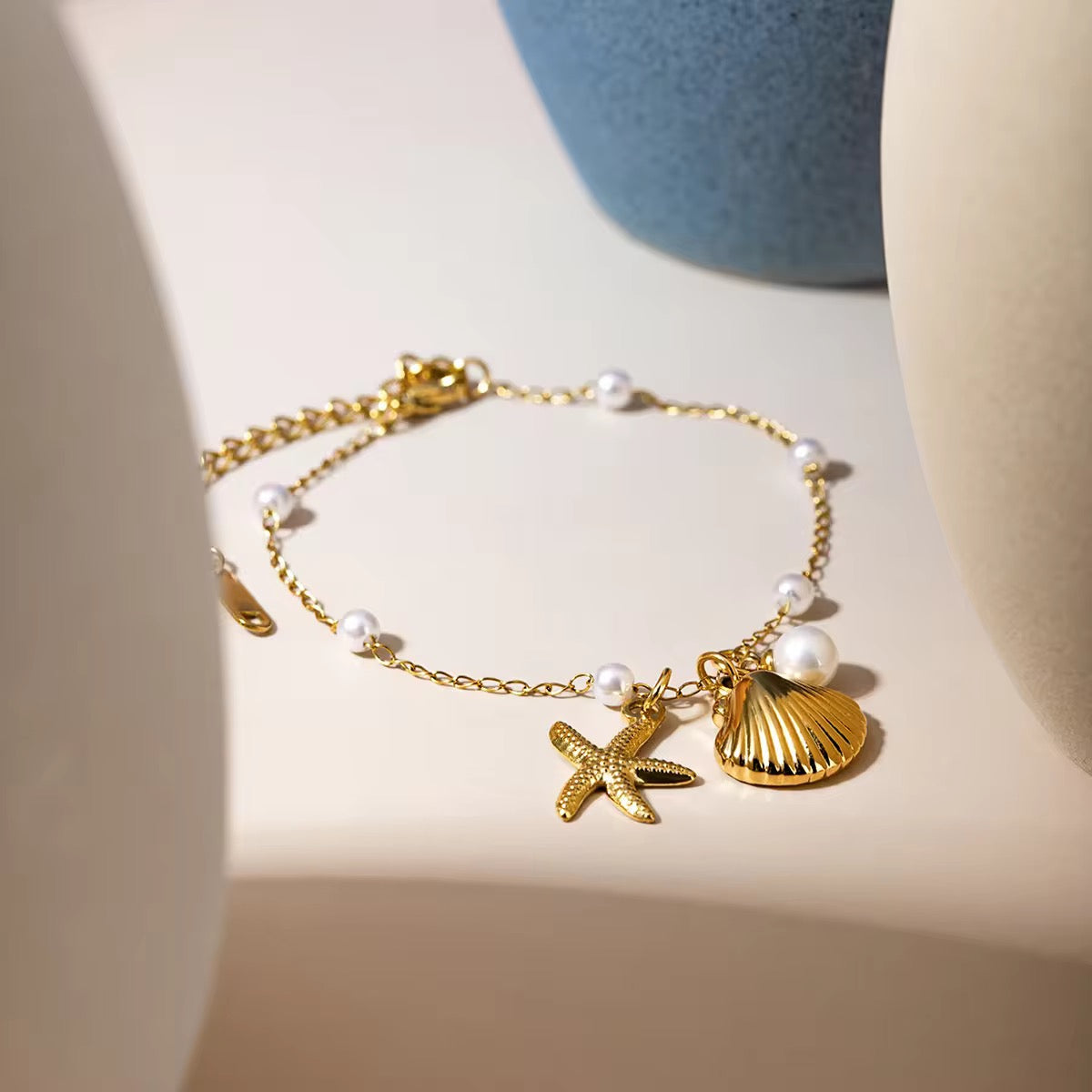 Gold Plated Seashell & Starfish Charm Anklet