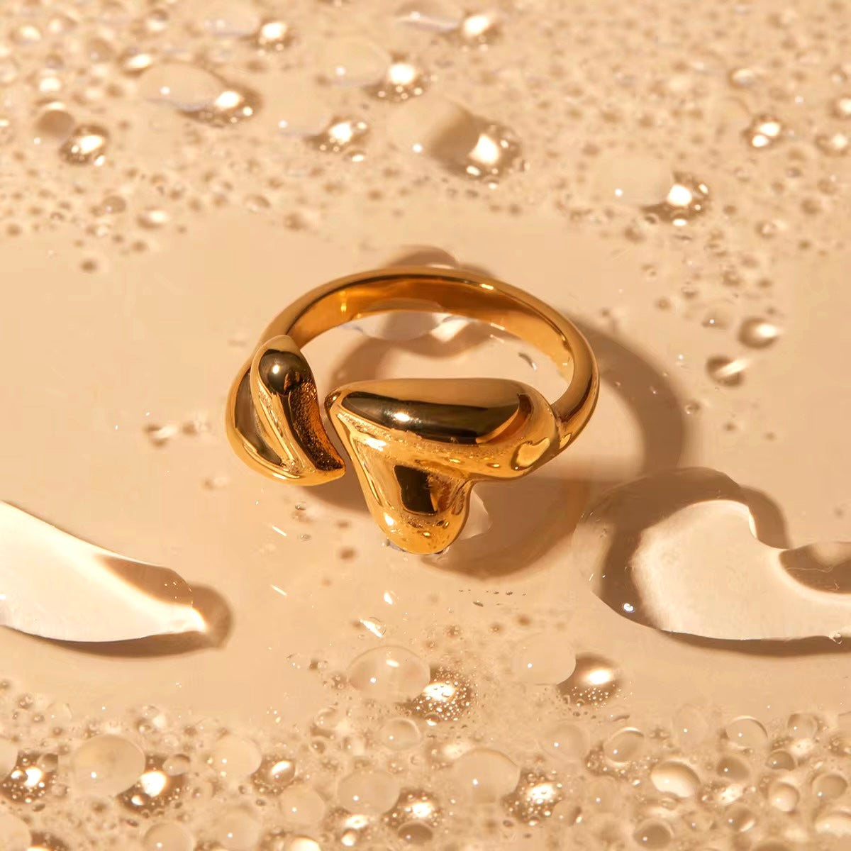 Double Heart Adjustable Stainless Steel Ring – Gold Finish