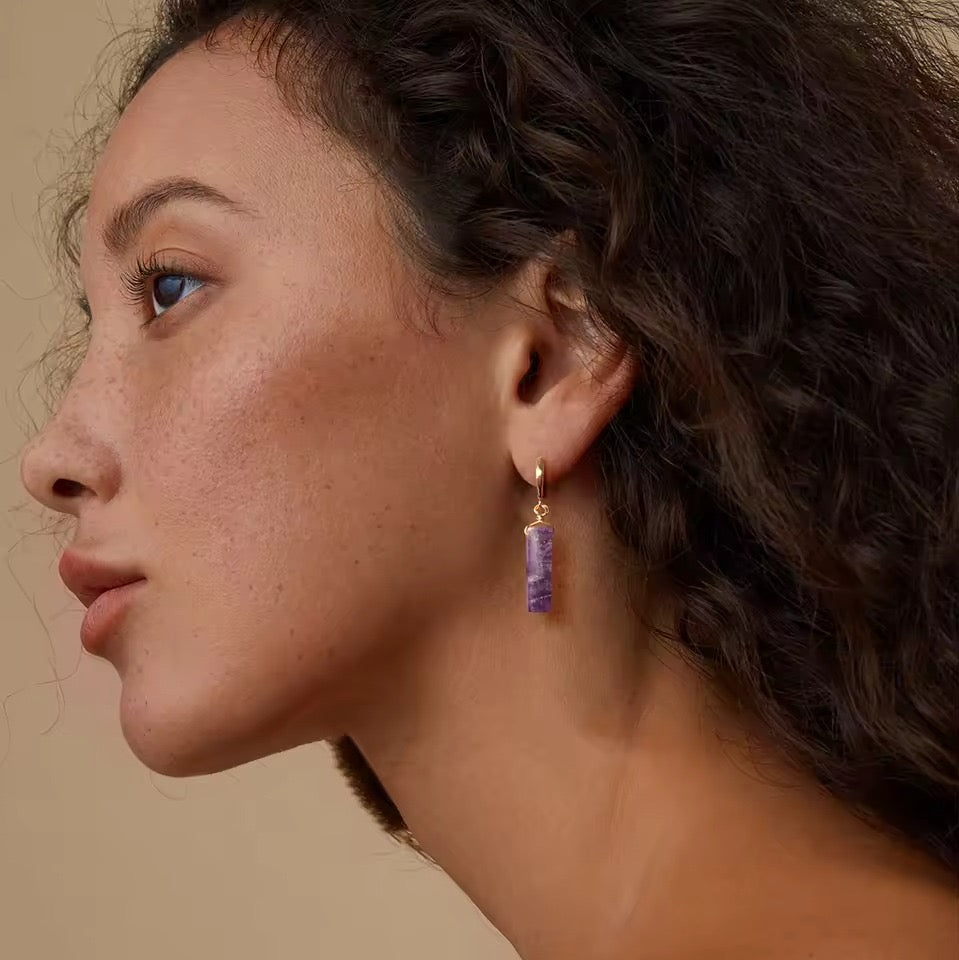 Gold Plated Amethyst Bar Drop Hoop Earrings