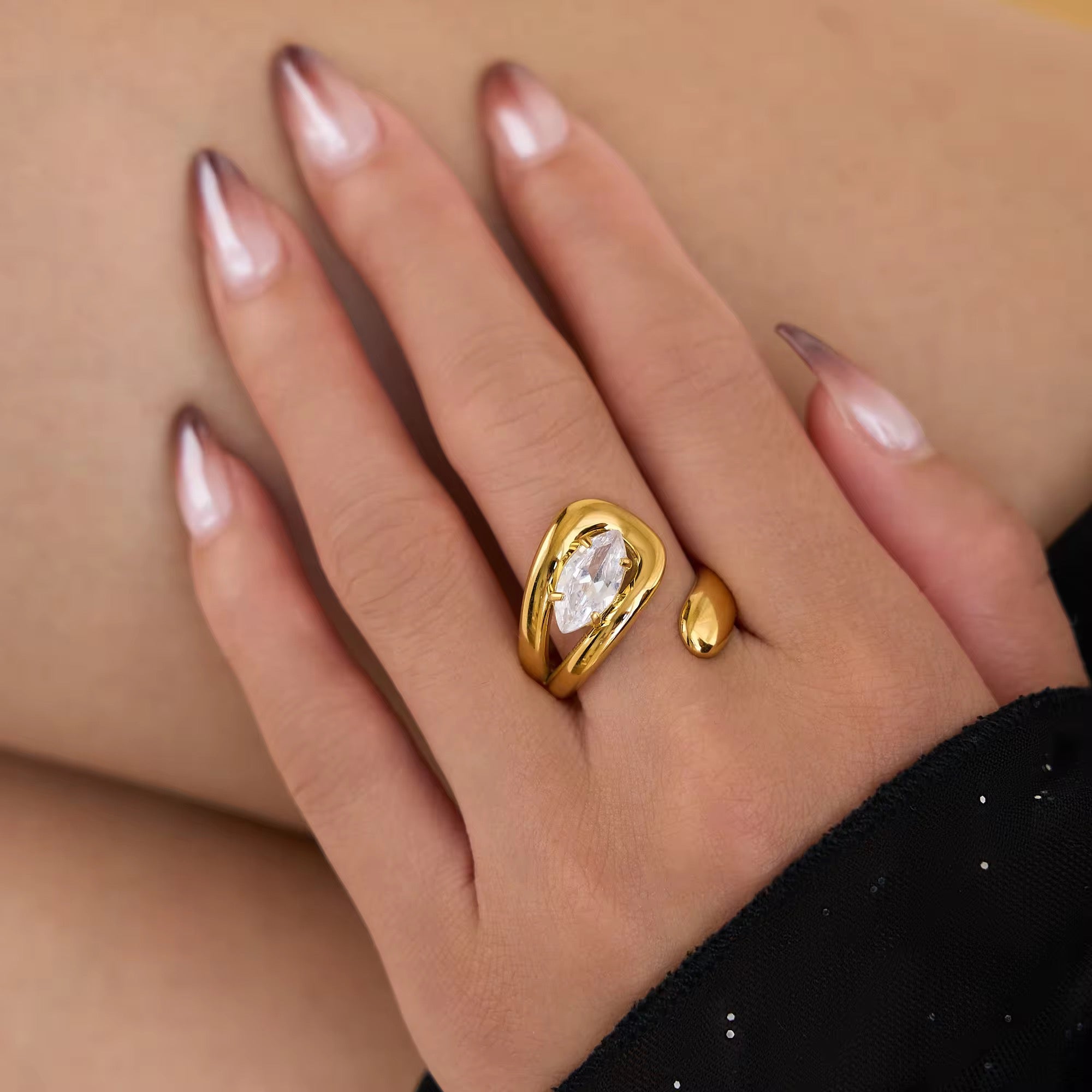 Adjustable Gold Plated Ring with Marquise-Cut Crystal