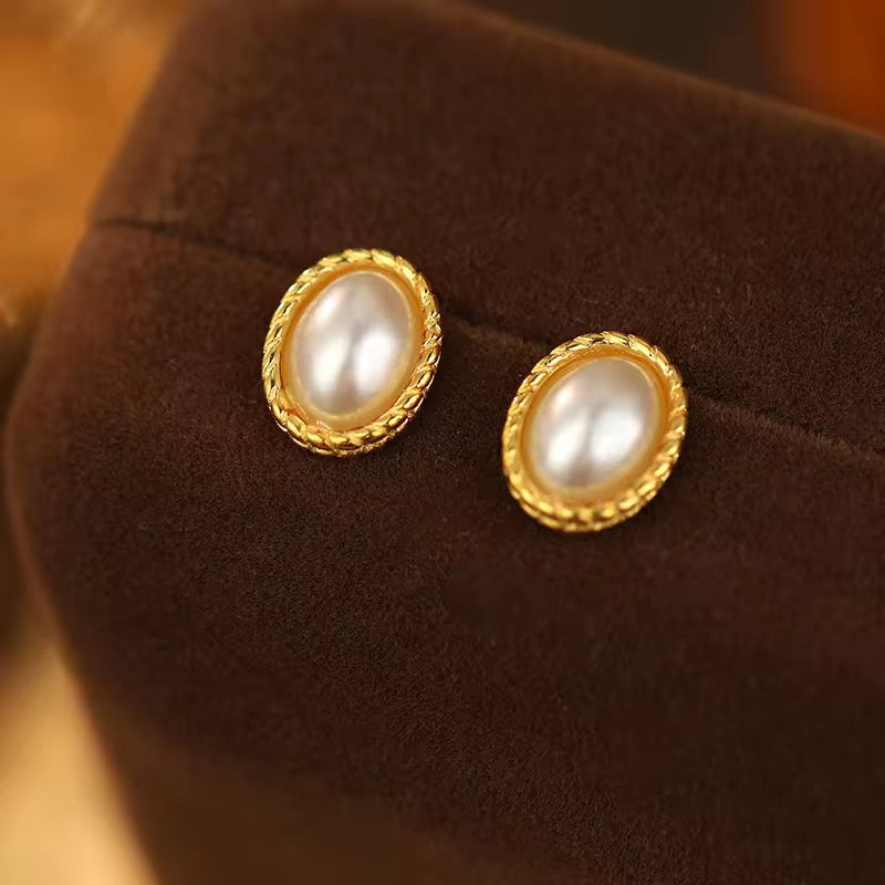 Gold Plated Oval Pearl Stud Earrings
