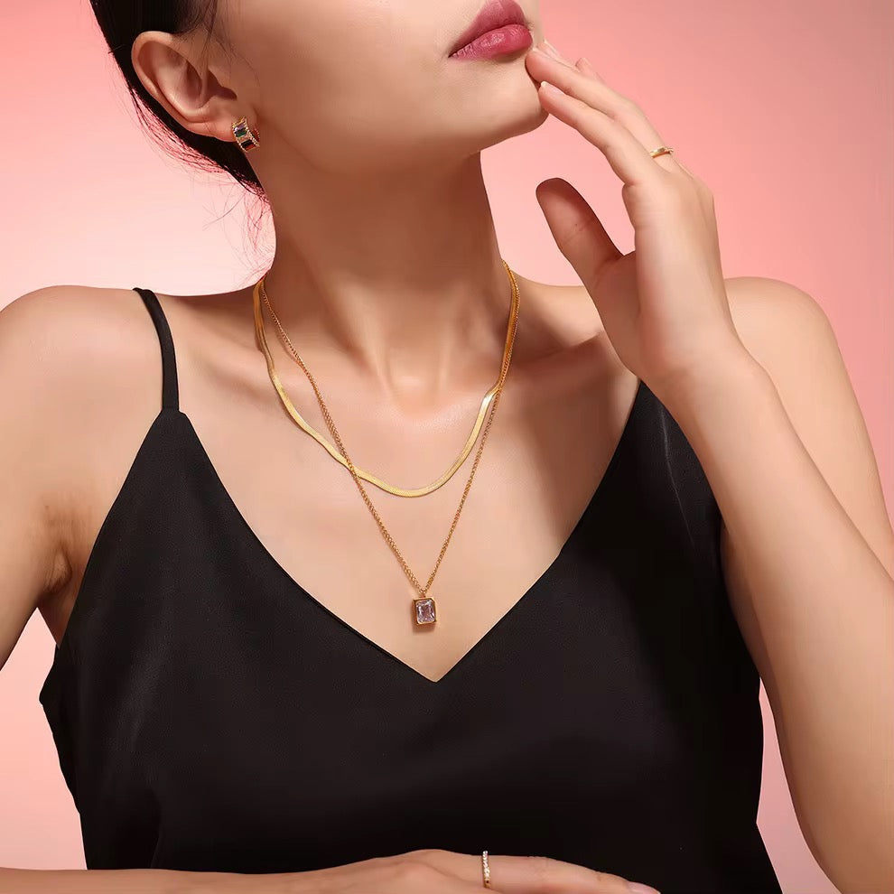 Gold Plated White Crystal Layered Necklace